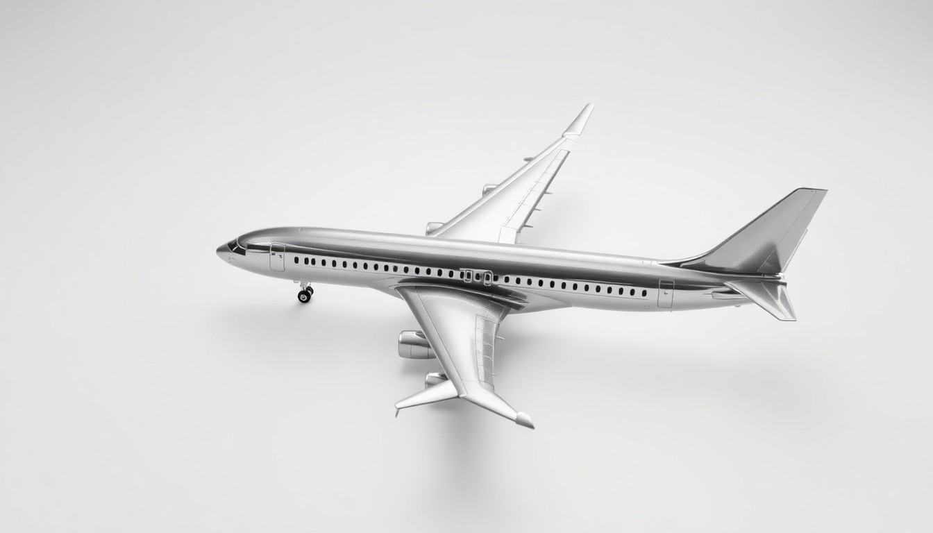 A photorealistic studio still life featuring a sleek, silver model airplane elegantly arranged on a clean, white background, symbolizing the precision and sophistication of the airline industry.