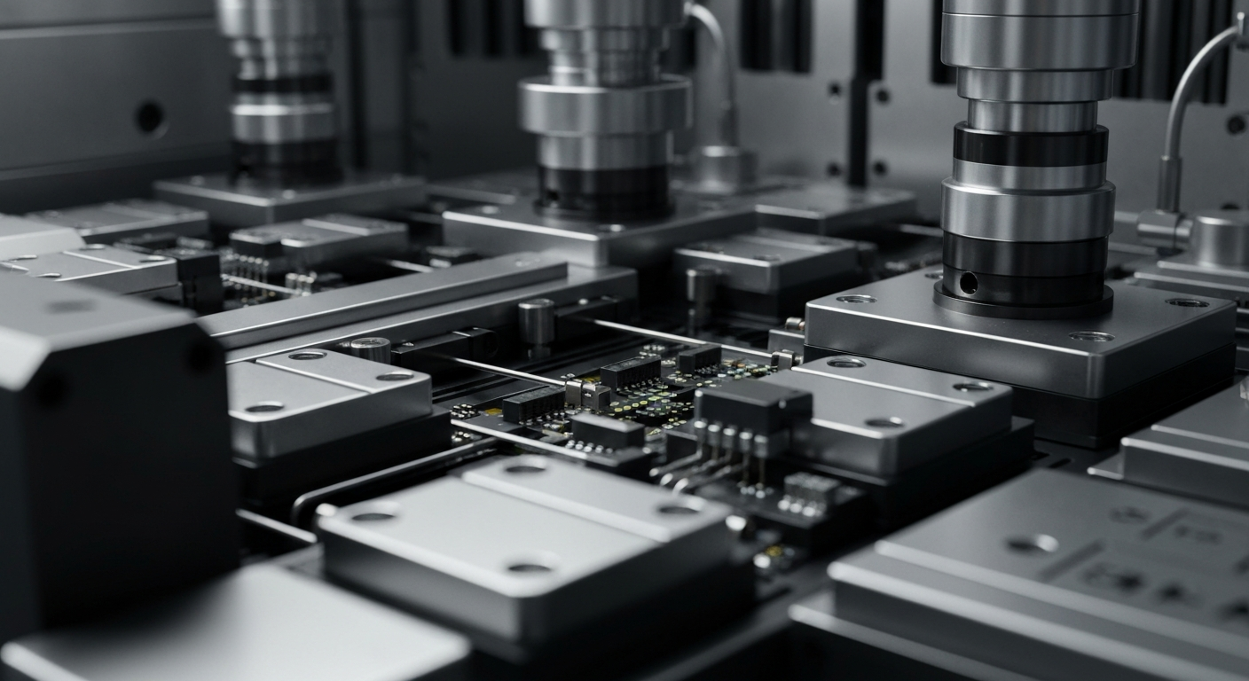 An extreme close-up of intricate, metallic industrial machinery and electronic components, conveying the complex, high-precision nature of AMETEK's products.