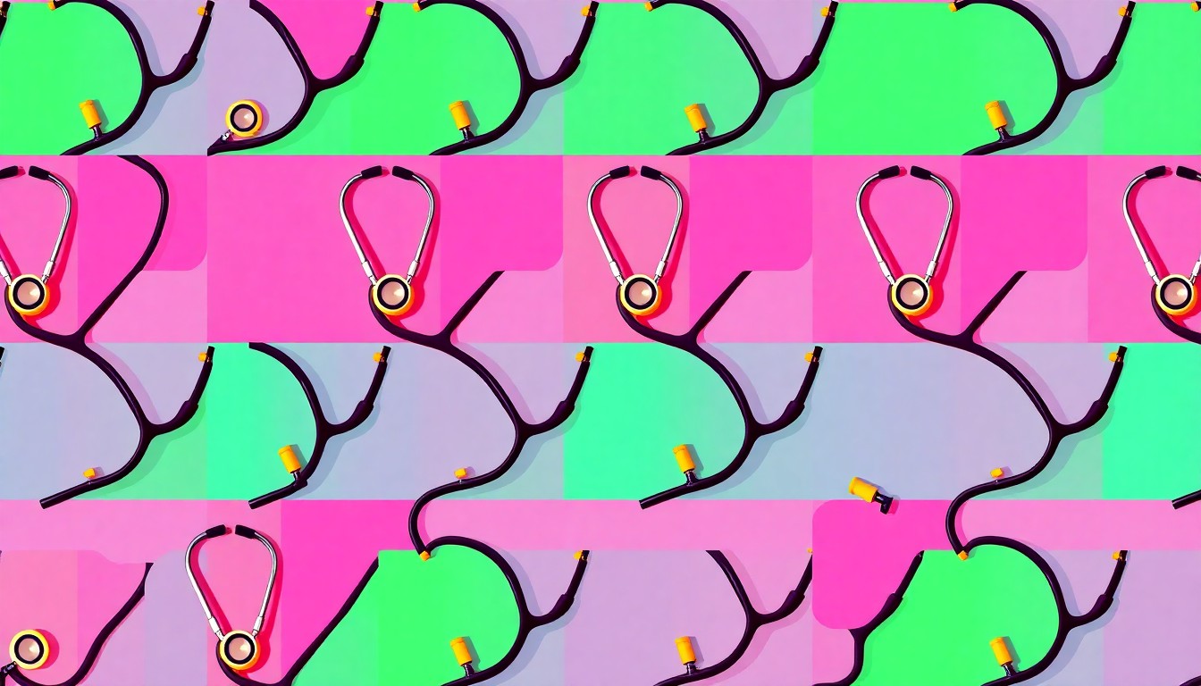 A brightly colored, abstract silkscreen print featuring a repeating pattern of a stethoscope, conceptually representing the medical and healthcare focus of the new academic building.