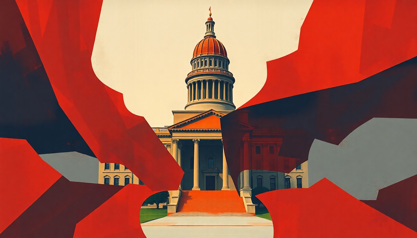 An abstract, fragmented painting of the Oklahoma state capitol building in bold, clashing colors, conveying the turbulent political dynamics surrounding judicial selection in the state.