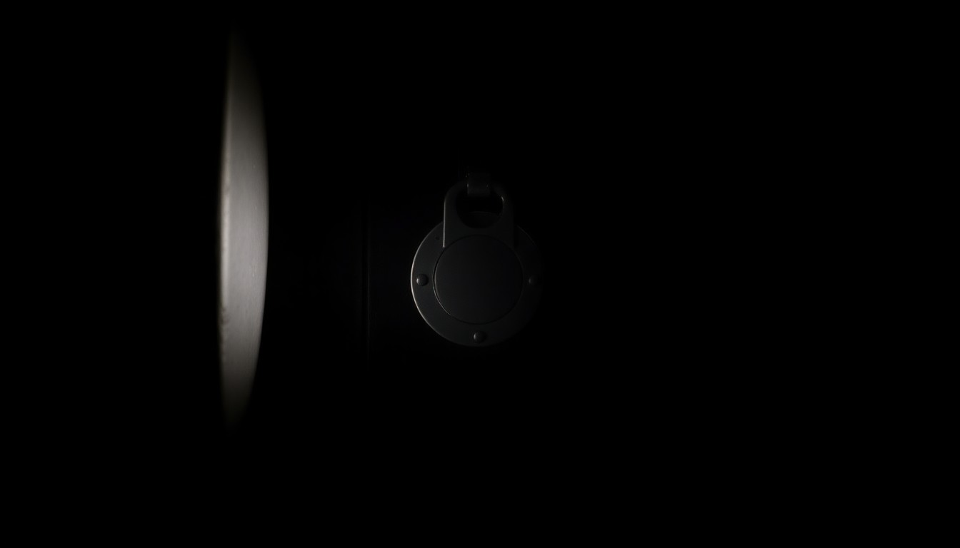 An extreme close-up of a prison cell door lock, reflecting the harsh, direct lighting and dramatic shadows of the Weegee photographic style, conceptually representing the security challenges faced by the Oklahoma prison system.