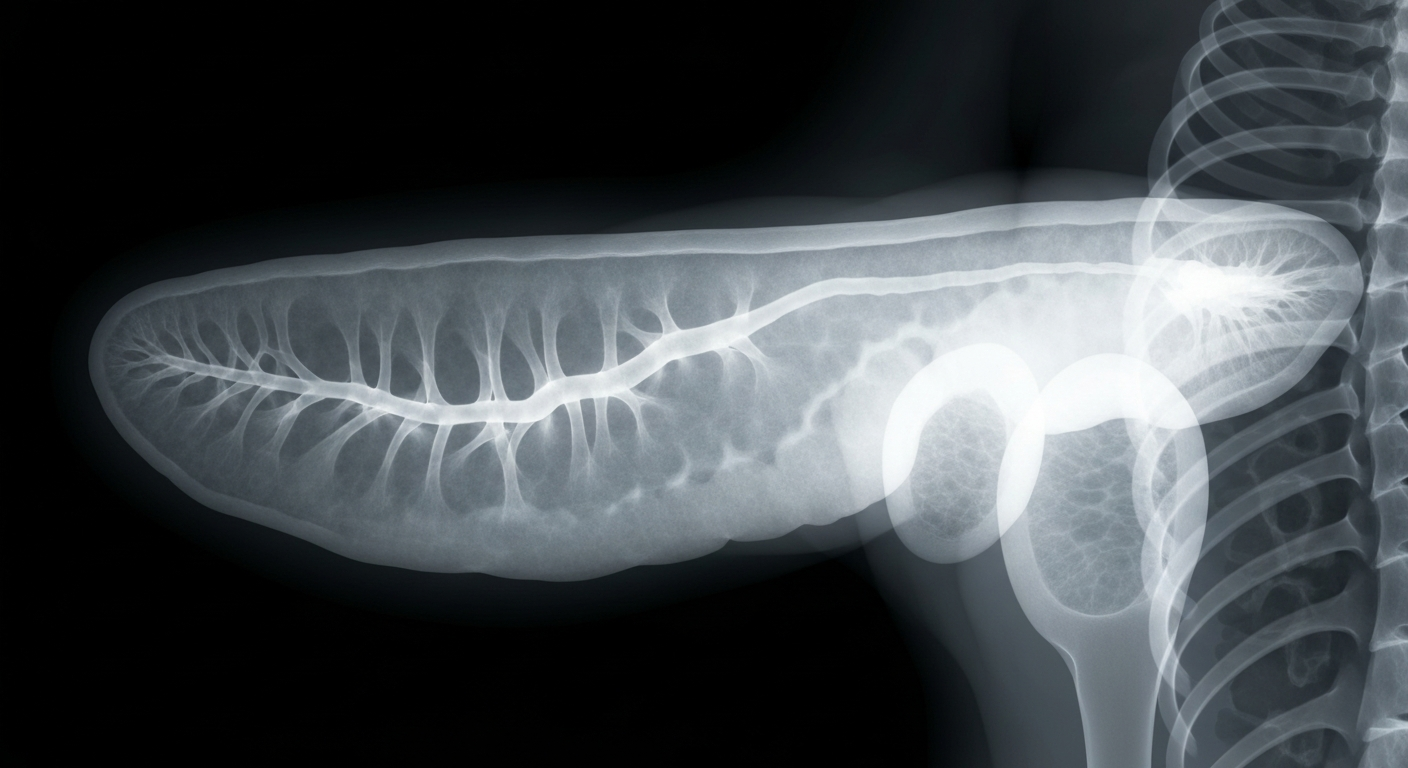 A ghostly, translucent X-ray image of a human pancreas, its intricate internal structures glowing against a dark background, conveying the fragility and resilience of those affected by pancreatic cancer.