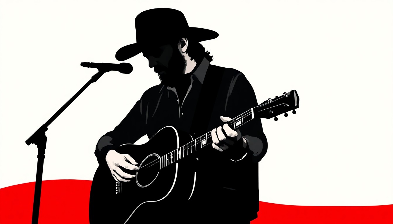 An abstract, black silhouette of a country musician playing a guitar, set against a bold red and white background, conveying the essence of Chris Stapleton's acclaimed country music career.