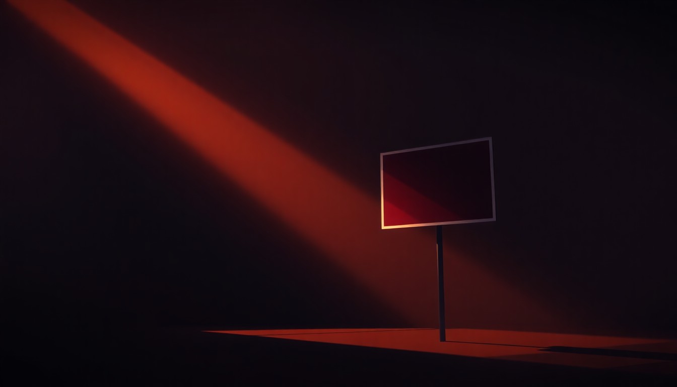 A serene, photorealistic painting of a lone campaign sign or podium set against a backdrop of warm, golden light and deep shadows, conveying a sense of quiet contemplation and civic duty.