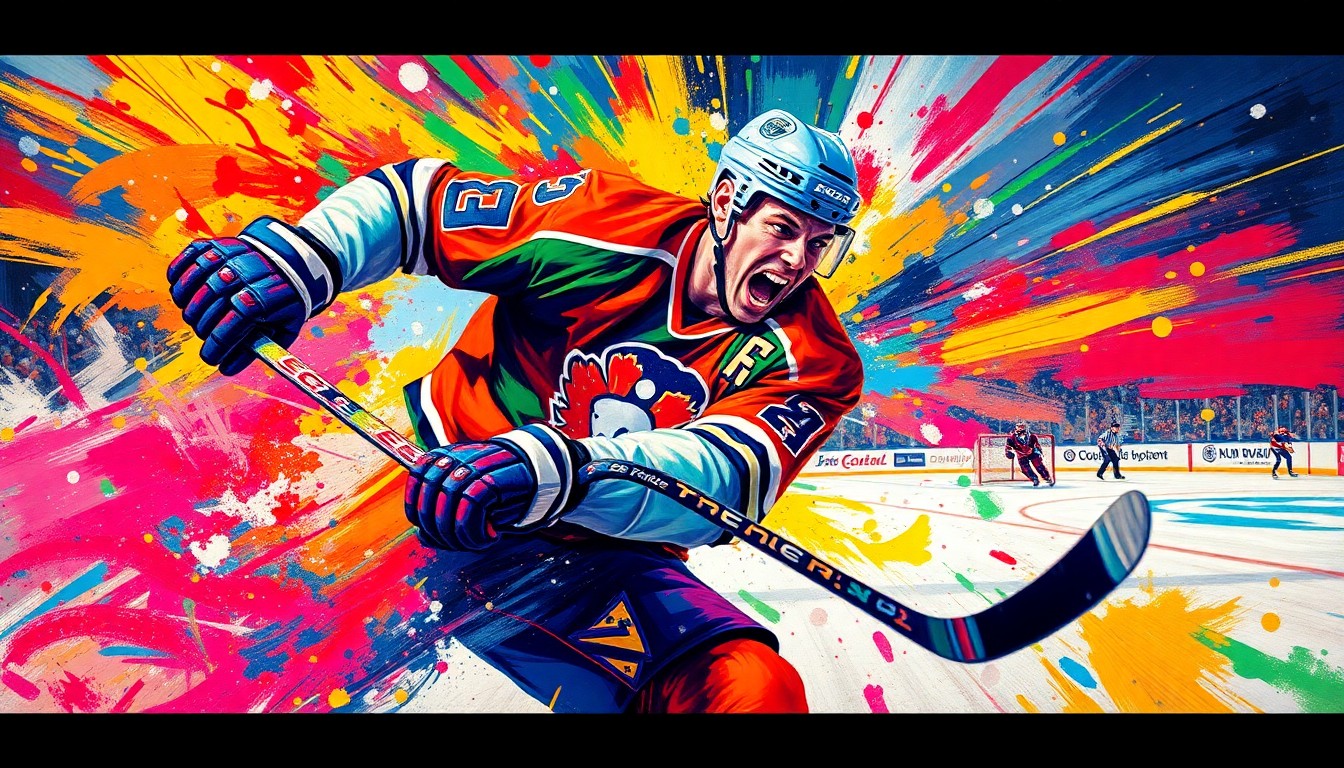 An abstract, expressionist painting featuring bold brushstrokes of neon colors, capturing the raw energy and emotion of a hockey player scoring a crucial late-game goal, with the player's face and jersey details dissolving into unrecognizable splatters of paint.