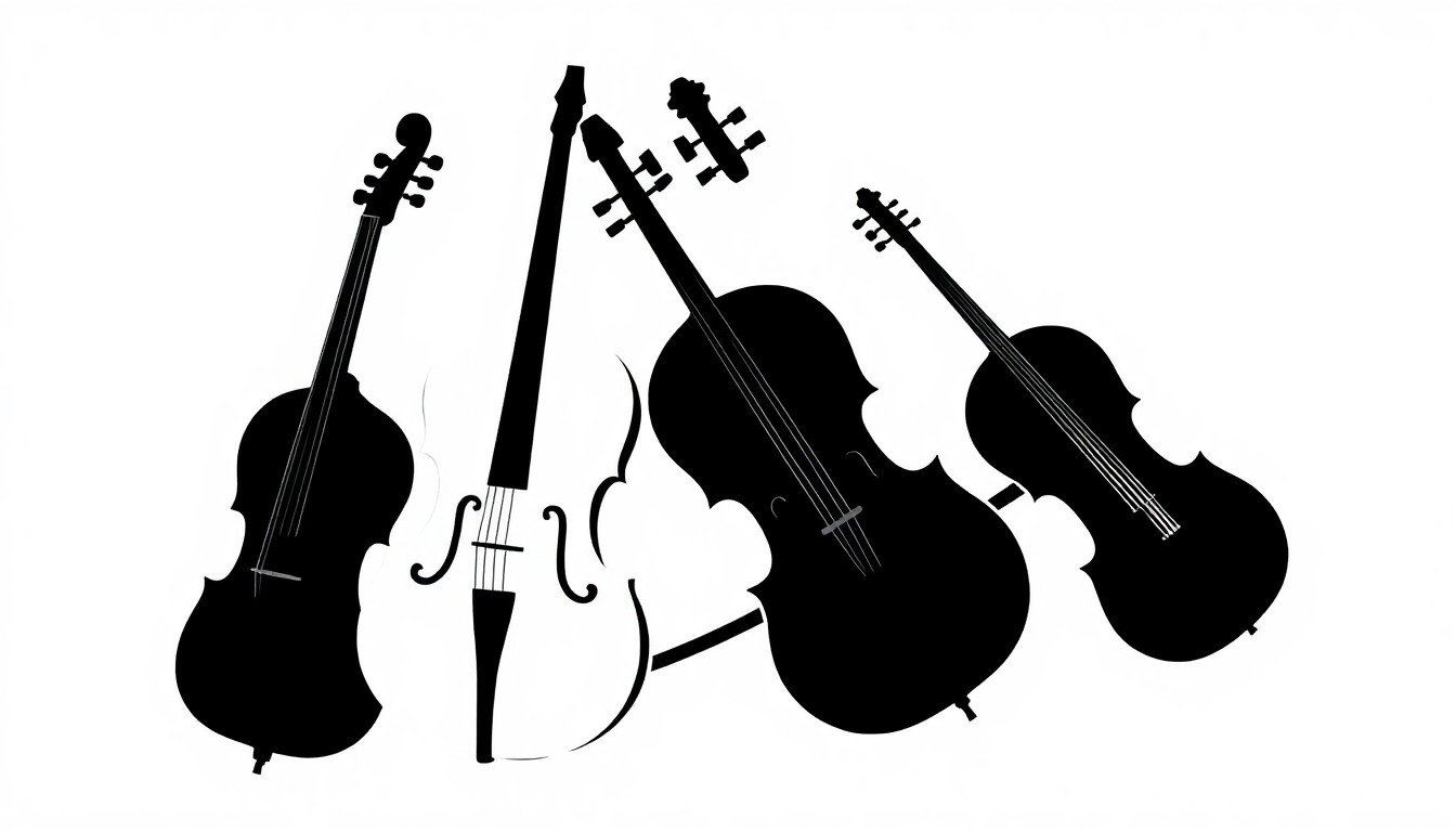 A minimalist, abstract illustration featuring stark black geometric shapes against a white background, conceptually representing the silhouettes of string instruments.