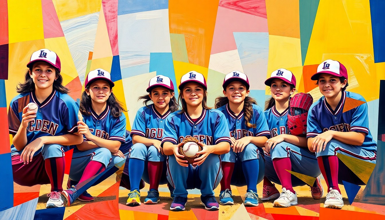 A fractured, multi-perspective painting in the style of Pablo Picasso, breaking the Ogden High softball team's record-breaking season down into sharp, overlapping geometric planes of vibrant team colors, capturing the dynamic energy and collective achievement of the players.