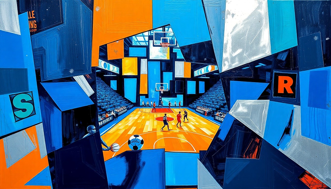 A cubist, geometric painting depicting a fragmented basketball game, with sharp planes of color representing the strategic maneuvering of the Nets' season.