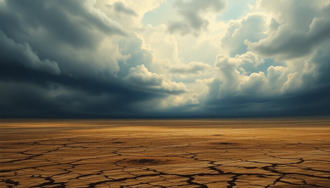A dramatic, atmospheric landscape painting with a heavy, overcast sky and a parched, cracked earth in the foreground, conveying the overwhelming, sublime scale of the natural world and the impact of the drought.