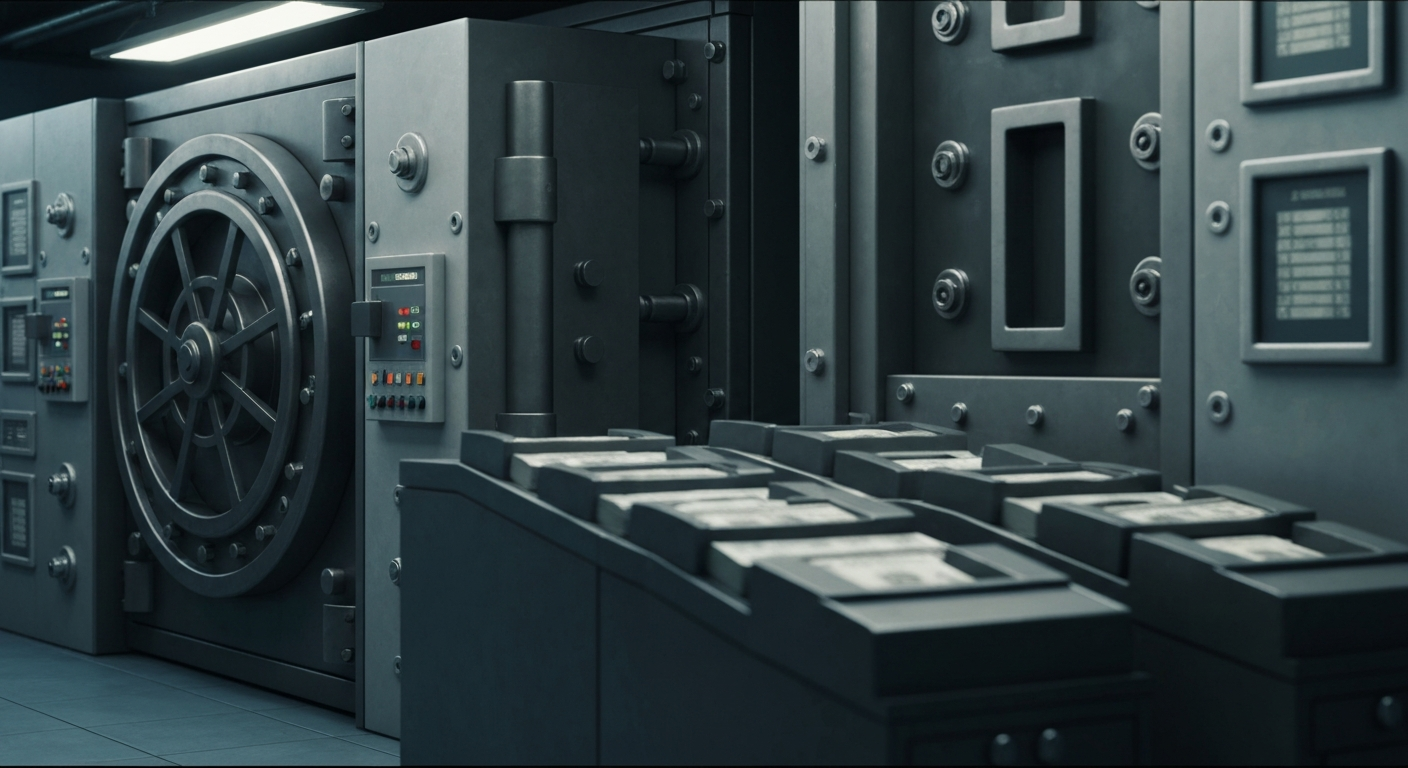 An extreme close-up of various heavy, industrial banking equipment and machinery, conveying the tangible, secure nature of financial institutions without using literal currency or charts.