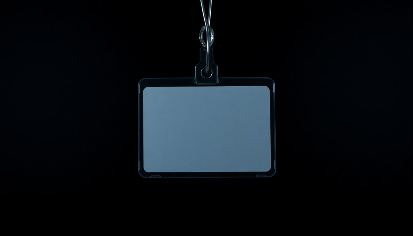 An extreme close-up photograph of a hospital ID badge or security keycard, the surface textured and reflecting a harsh, direct flash of light, conceptually representing the vulnerability of medical staff to violence in the workplace.