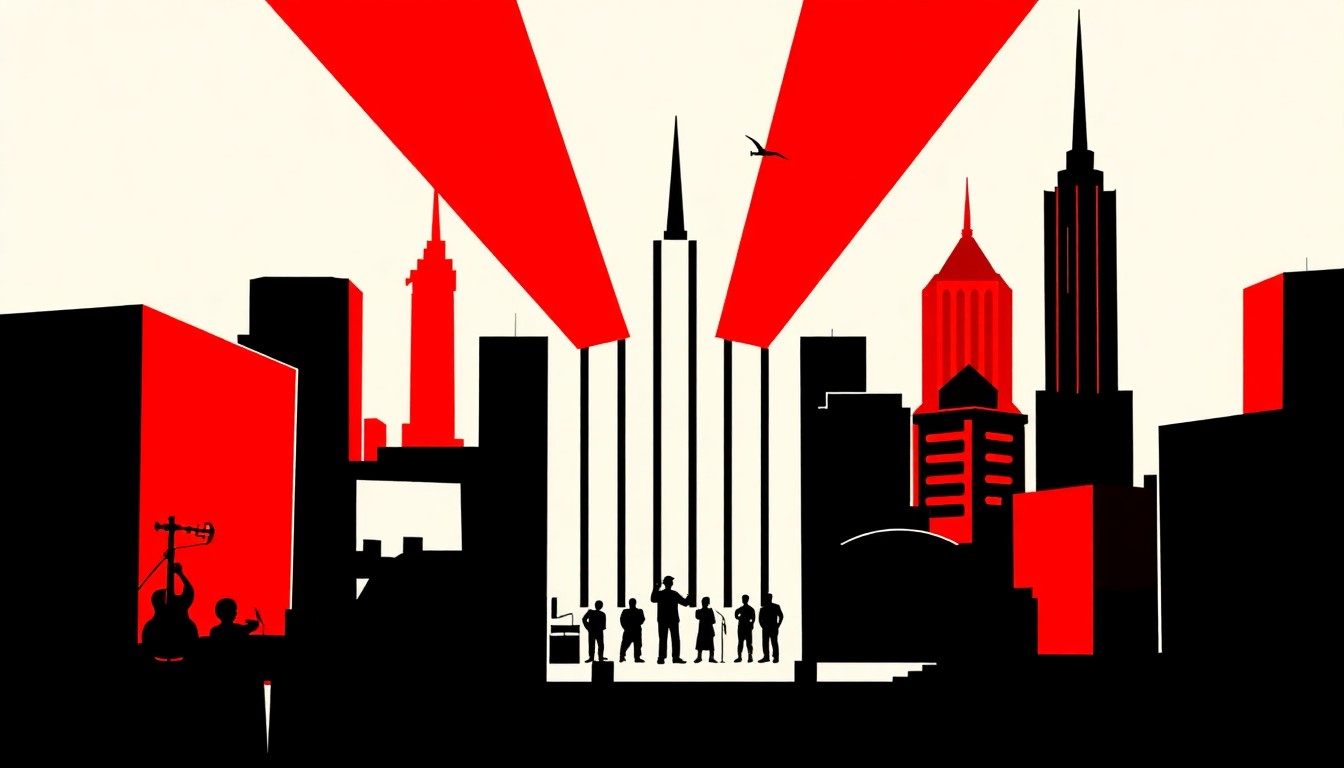 A striking abstract composition of geometric shapes in bold red and white, conceptually representing the diverse range of entertainment options available in Indianapolis this weekend.