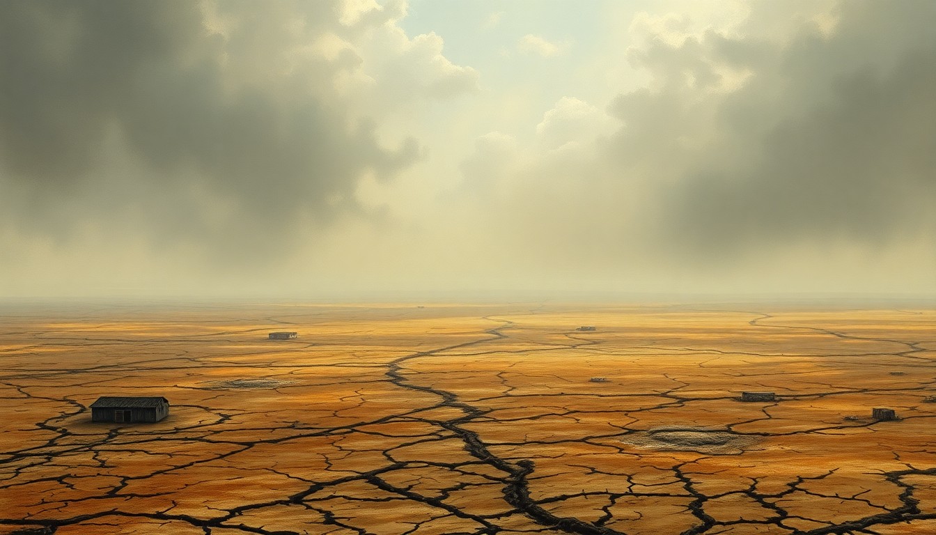 A vast, atmospheric landscape painting depicting a parched, cracked earth under a hazy, oppressive sky, conveying the overwhelming power of nature and the melancholy of a drought-stricken environment.