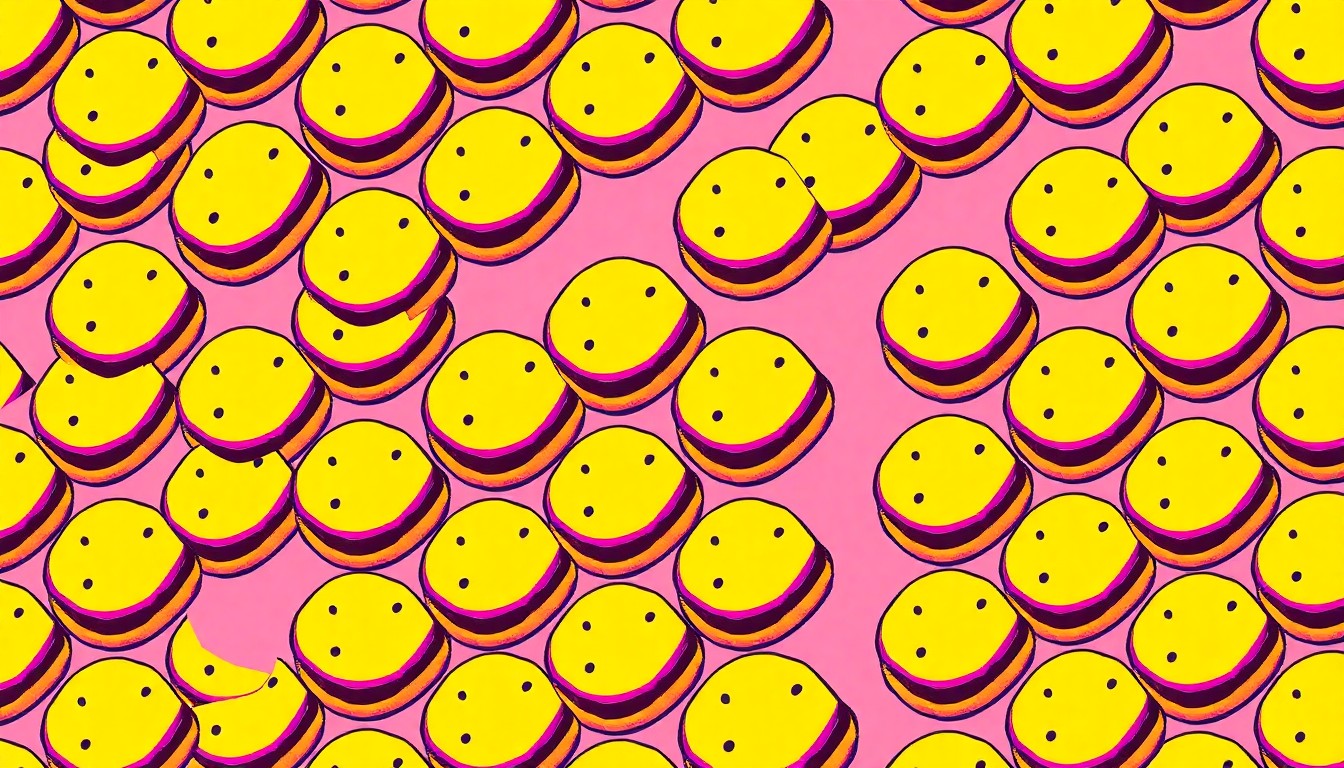 A brightly colored, high-contrast silkscreen print of a single, iconic s'mores cookie repeated in a tight grid pattern, capturing the pop art spirit of the cookie-based fundraiser for the Make-A-Wish Foundation.