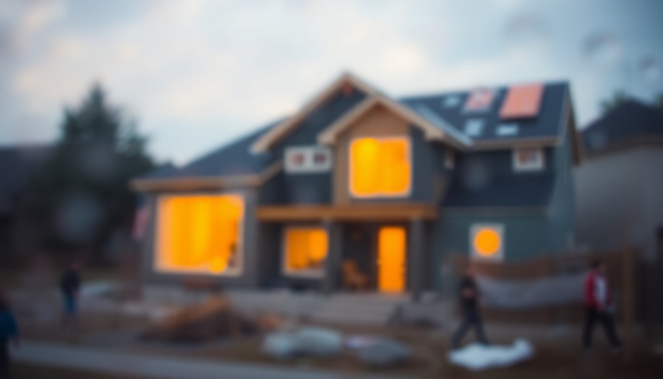 An abstract, impressionistic scene of a new home under construction, with blurred and indistinct shapes in warm, vibrant colors, conveying a sense of progress and possibility in Detroit's housing landscape.