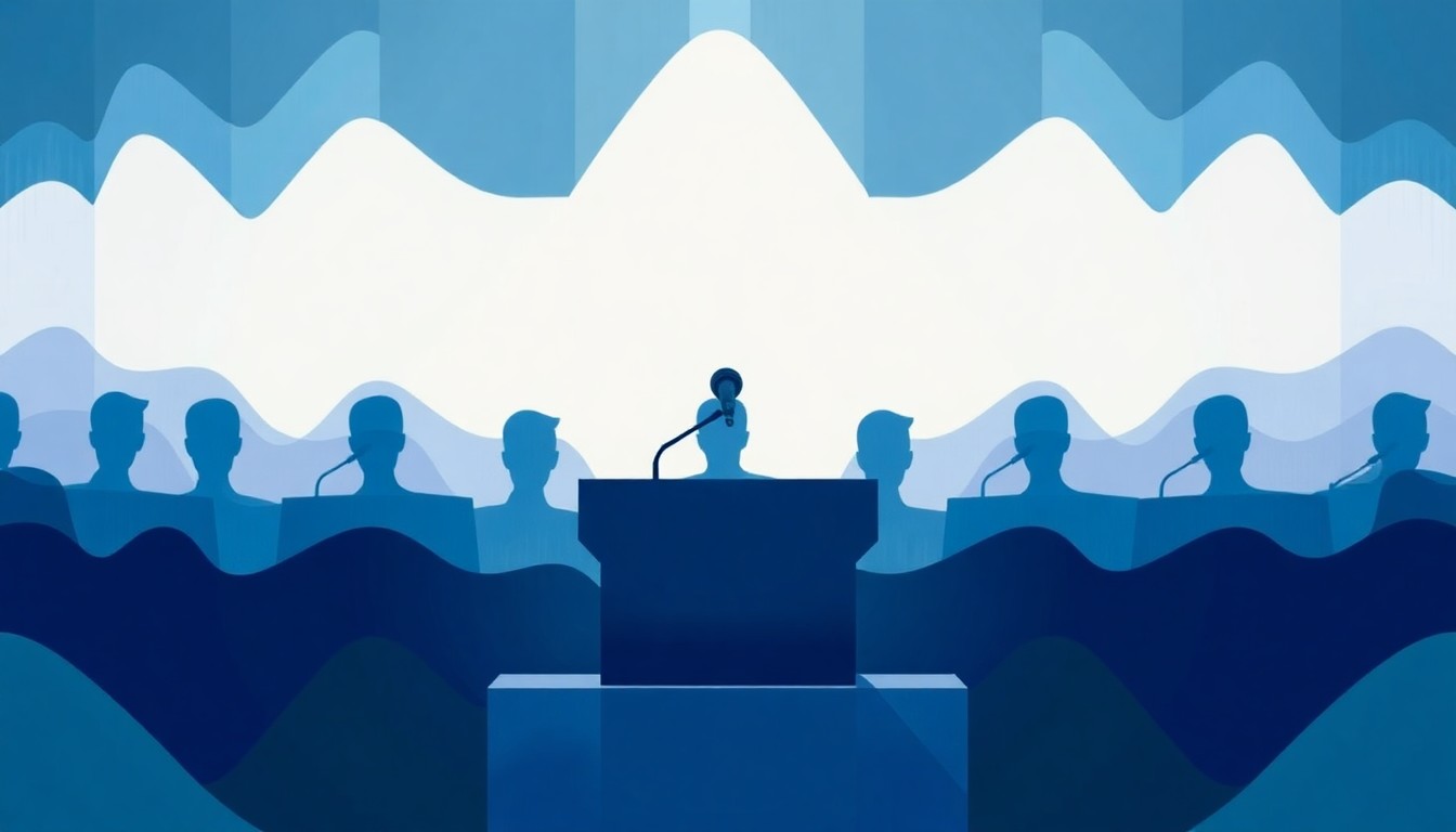 An abstract, fractured painting featuring a politician's podium and microphone repeated in overlapping geometric shapes and waves of deep blue, teal, and violet, conveying a sense of political tension and fragmentation.