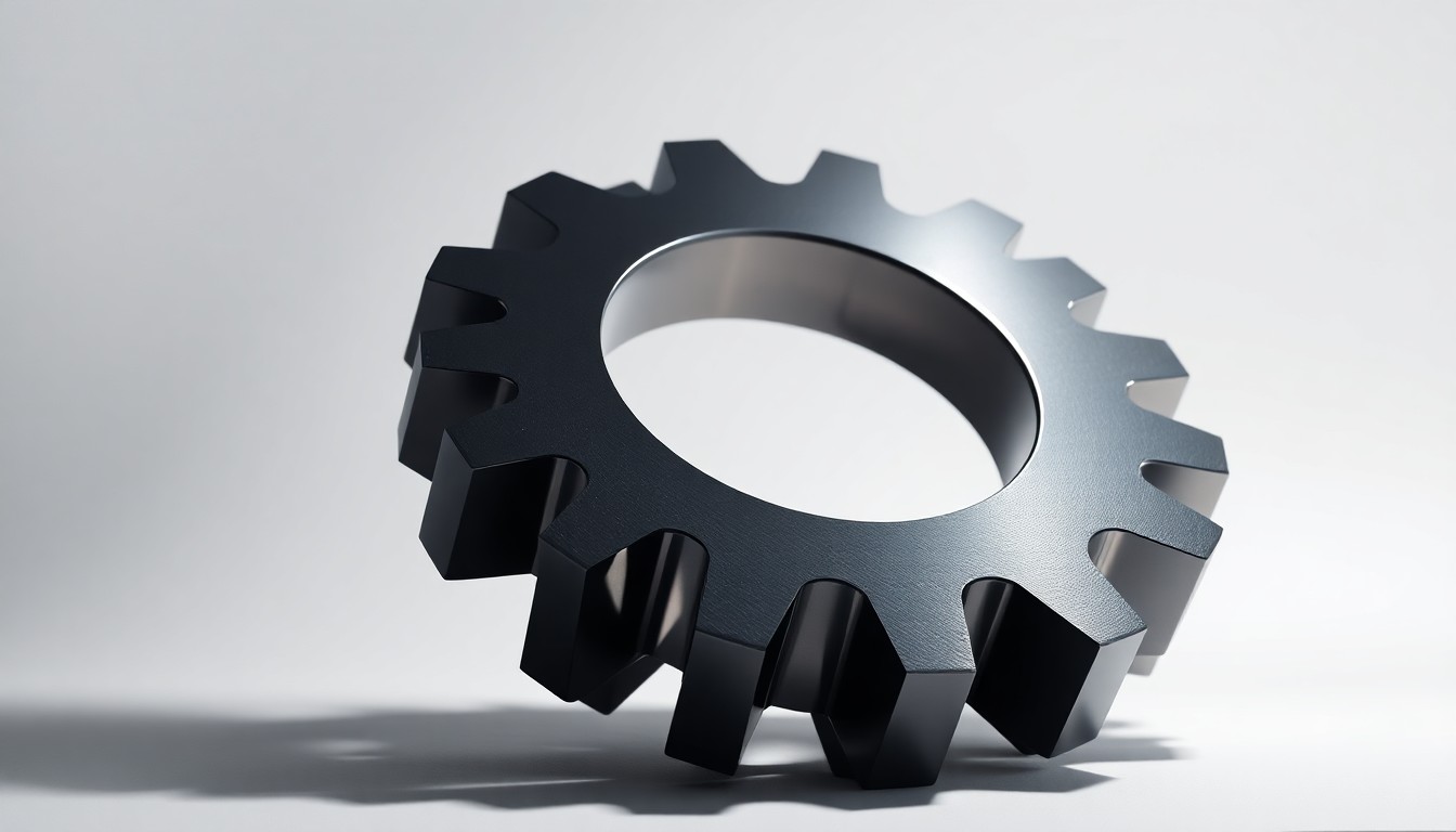 A high-end, photorealistic studio still-life photograph featuring a sleek, geometric metal sculpture in the shape of a gear or cog, resting on a clean white seamless background and dramatically lit from the side to highlight the polished, reflective surface. The gear symbolizes the complex machinery of enterprise software and the disruption caused by ERP system failures.