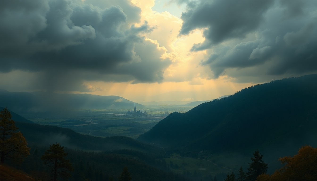A sweeping, atmospheric landscape painting in muted tones of gray, blue, and green, with a regional park barely visible in the distance, dwarfed by the dramatic, moody sky and weather conditions that recently impacted the area.