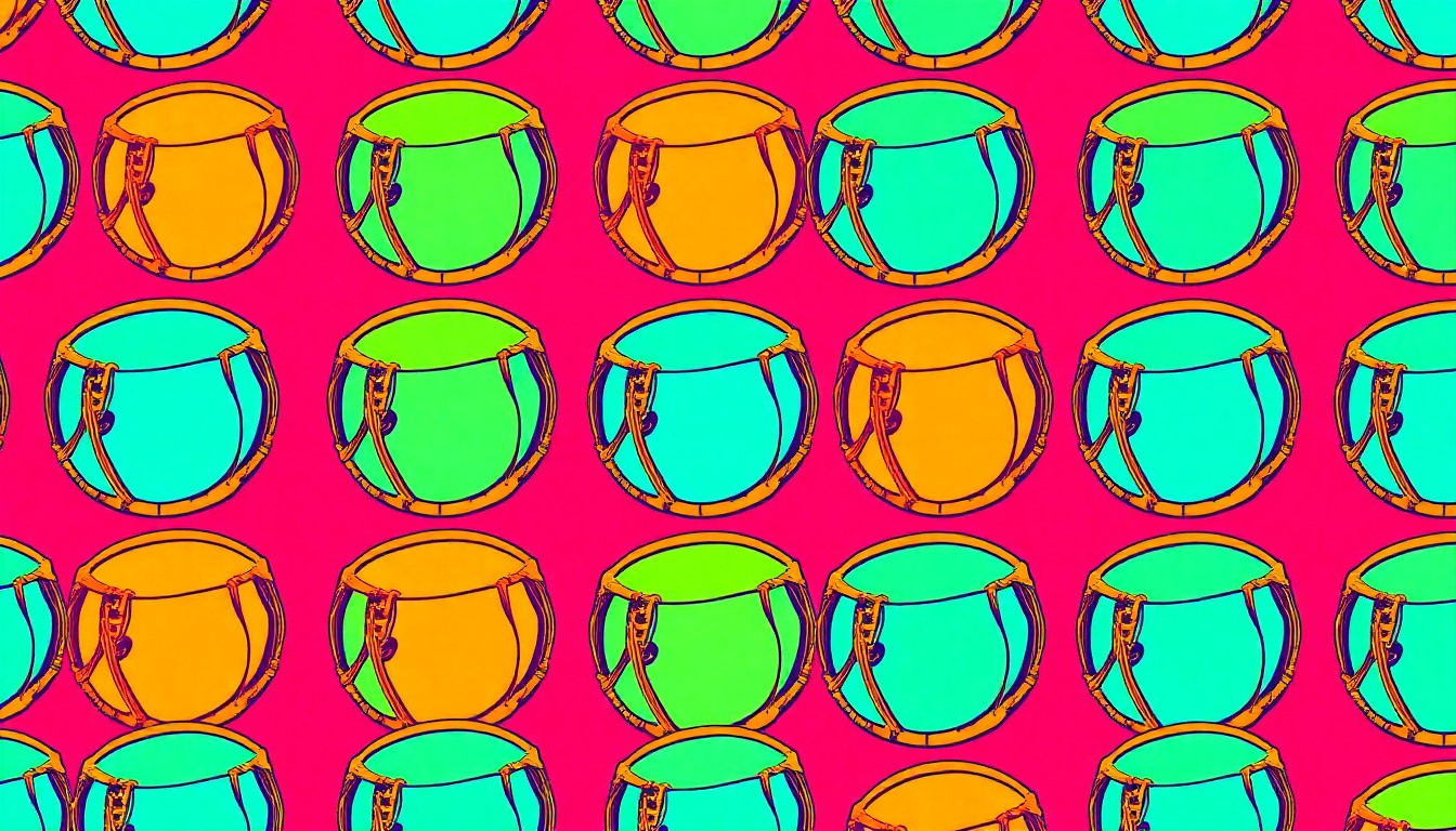 A brightly colored, high-contrast silkscreen print of a single, iconic ipu heke drum repeated in a tight grid pattern, conceptually representing the traditional Hawaiian instrument as modern pop art.