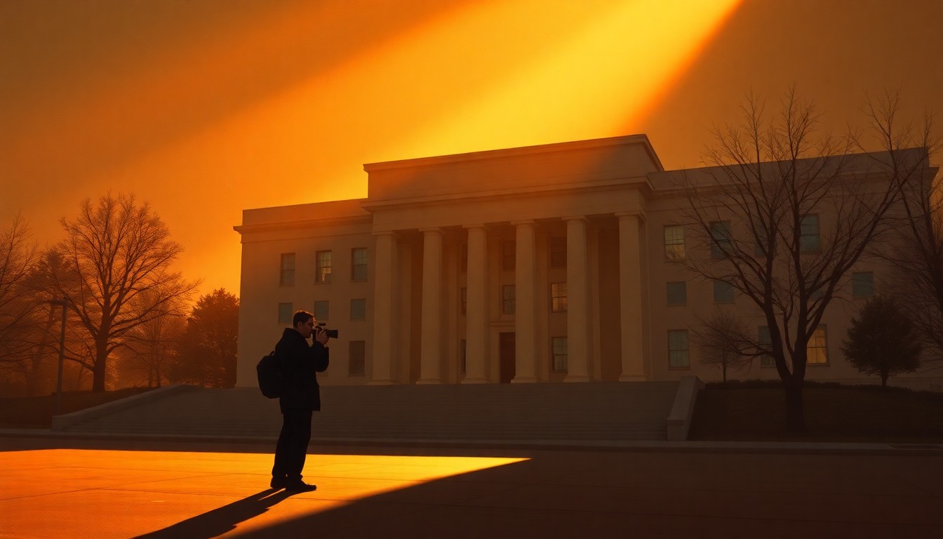 A cinematic painting depicting a lone journalist standing outside the Pentagon building, the structure bathed in warm, diagonal sunlight and deep shadows, conveying a sense of quiet contemplation and the weight of the ongoing conflict between the military and the media.