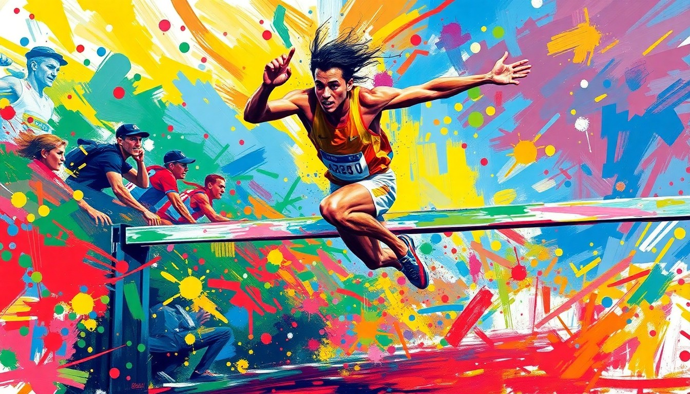 An extreme close-up of a runner in mid-stride, leaping over a barrier, with the scene rendered in a vibrant, expressionist style using bold, sweeping brushstrokes and neon colors that capture the raw energy and dynamism of the steeplechase event.