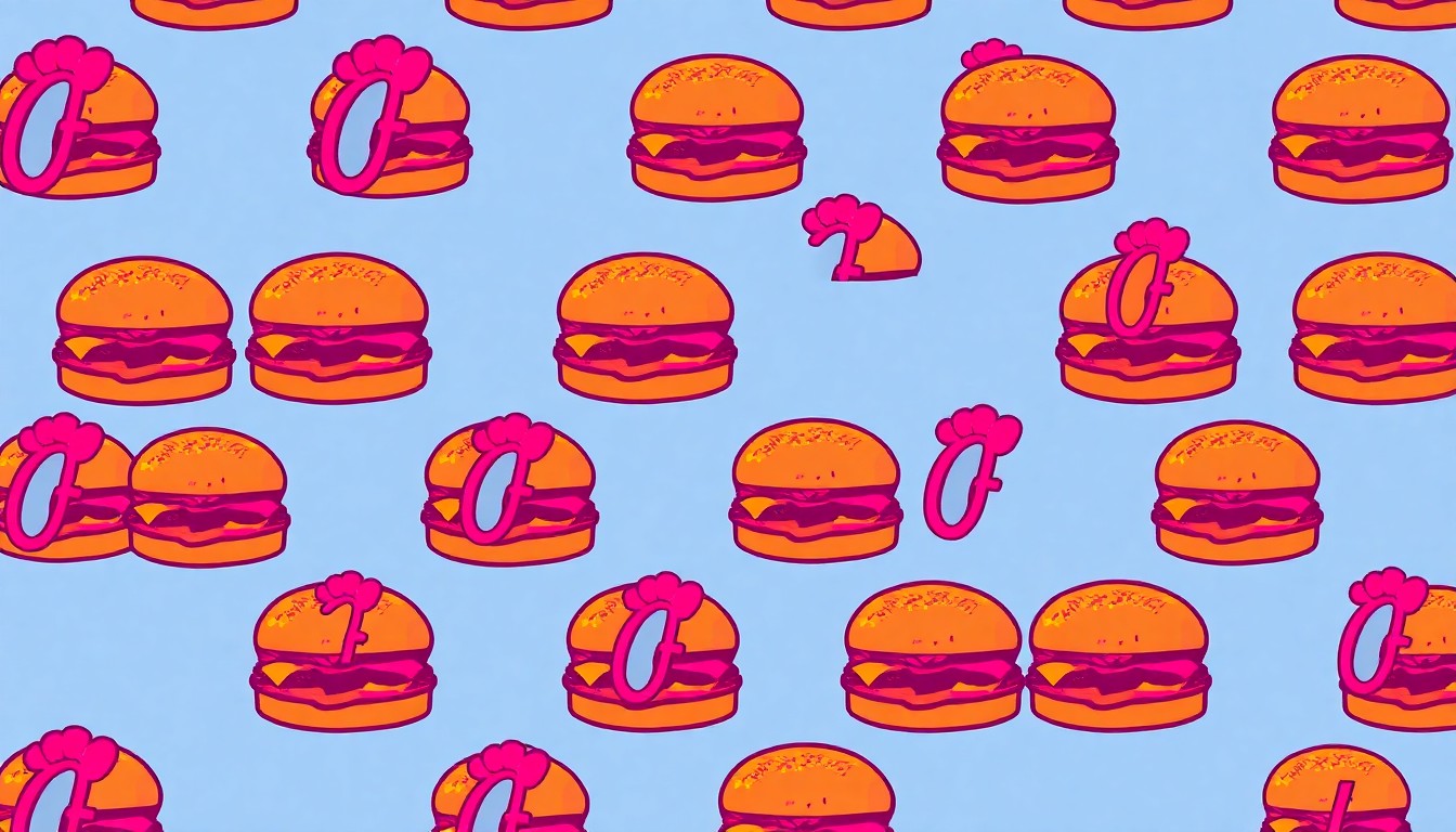 A bold, colorful silkscreen-style illustration featuring a repeated image of a Chick-fil-A chicken sandwich, conceptually representing the restaurant's new presence at a location with a rich culinary history.