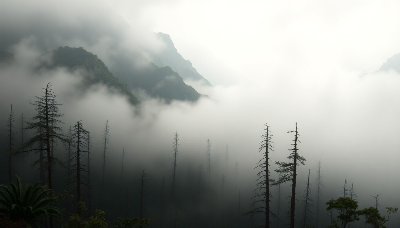 A sweeping, atmospheric landscape painting in muted tones of gray and blue, depicting a Hawaiian forest shrouded in heavy fog and mist, with the faint silhouettes of charred tree trunks emerging from the hazy scene, conveying the overwhelming scale and melancholic mood of the natural disaster.