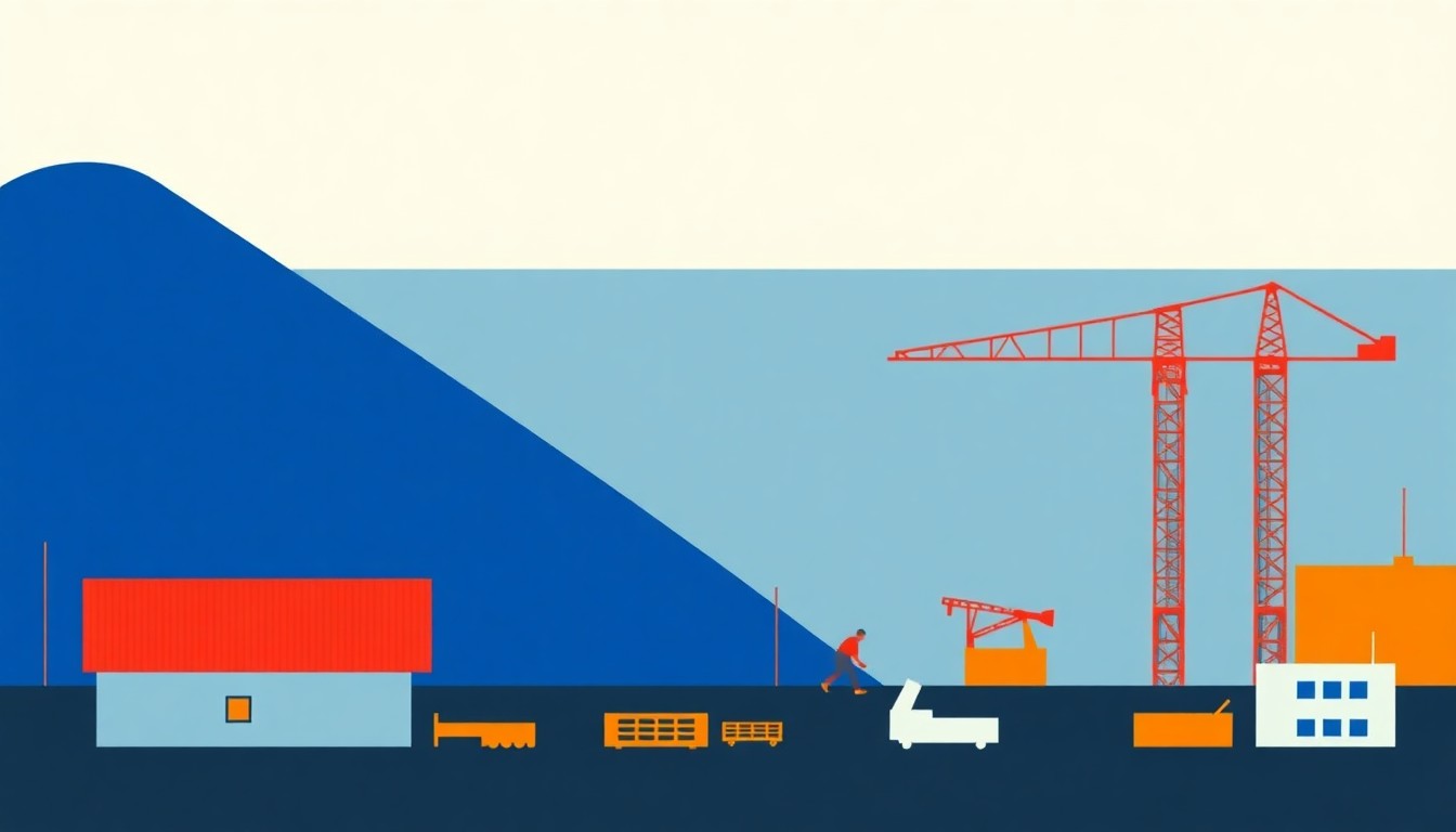 A minimalist, abstract illustration using bold geometric shapes and primary colors to conceptually represent the economic concept of a plateau in blue-collar work opportunities, with declining hiring rates in manufacturing and construction sectors.