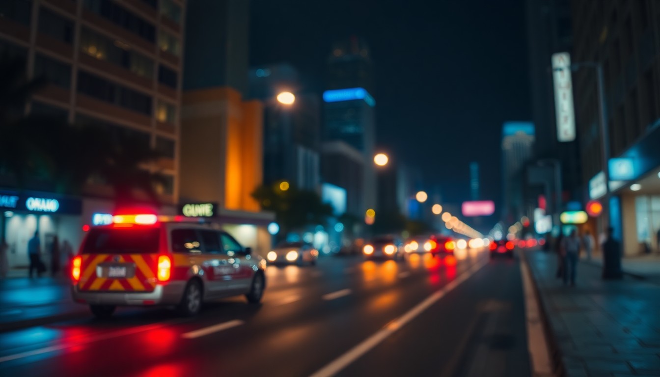 An abstract, out-of-focus nighttime street scene in warm, hazy tones, with the faint glow of emergency vehicle lights reflecting off the wet pavement, conceptually representing the disruption of late-night siren noise in a residential area.