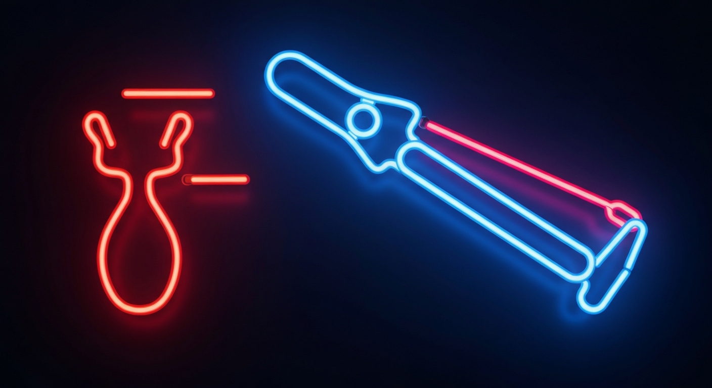 A minimalist design in the style of Keith Haring, with a glowing neon outline of a stethoscope against a dark background, conceptually representing the core tools and technology of the medical profession.
