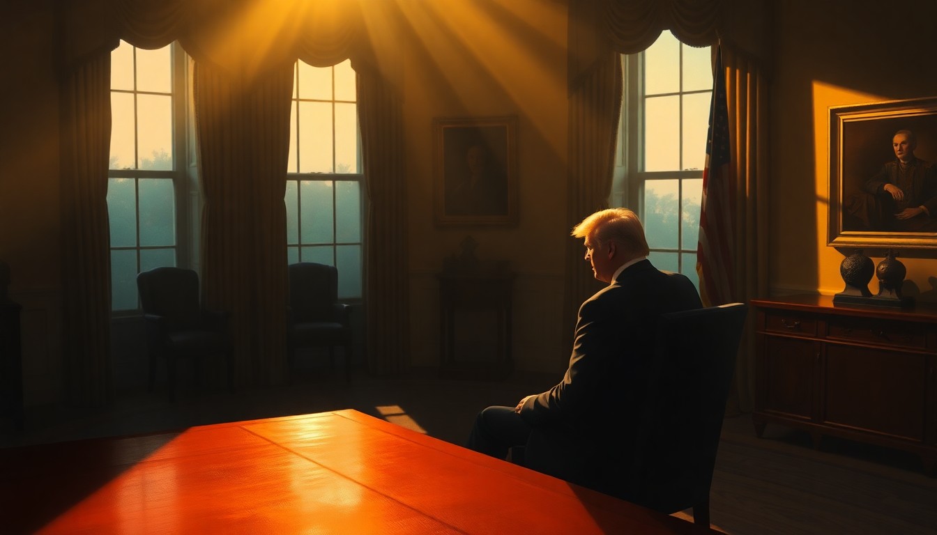 A solitary, pensive figure of President Trump sitting alone in the Oval Office, the room illuminated by warm, dramatic lighting and deep shadows, capturing a sense of quiet contemplation and political fragility.