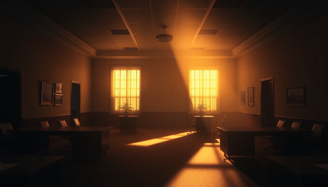 A dimly lit, cinematic painting of an empty government office or conference room, with warm sunlight streaming in through the windows and deep shadows cast across the room, creating a somber, reflective mood.