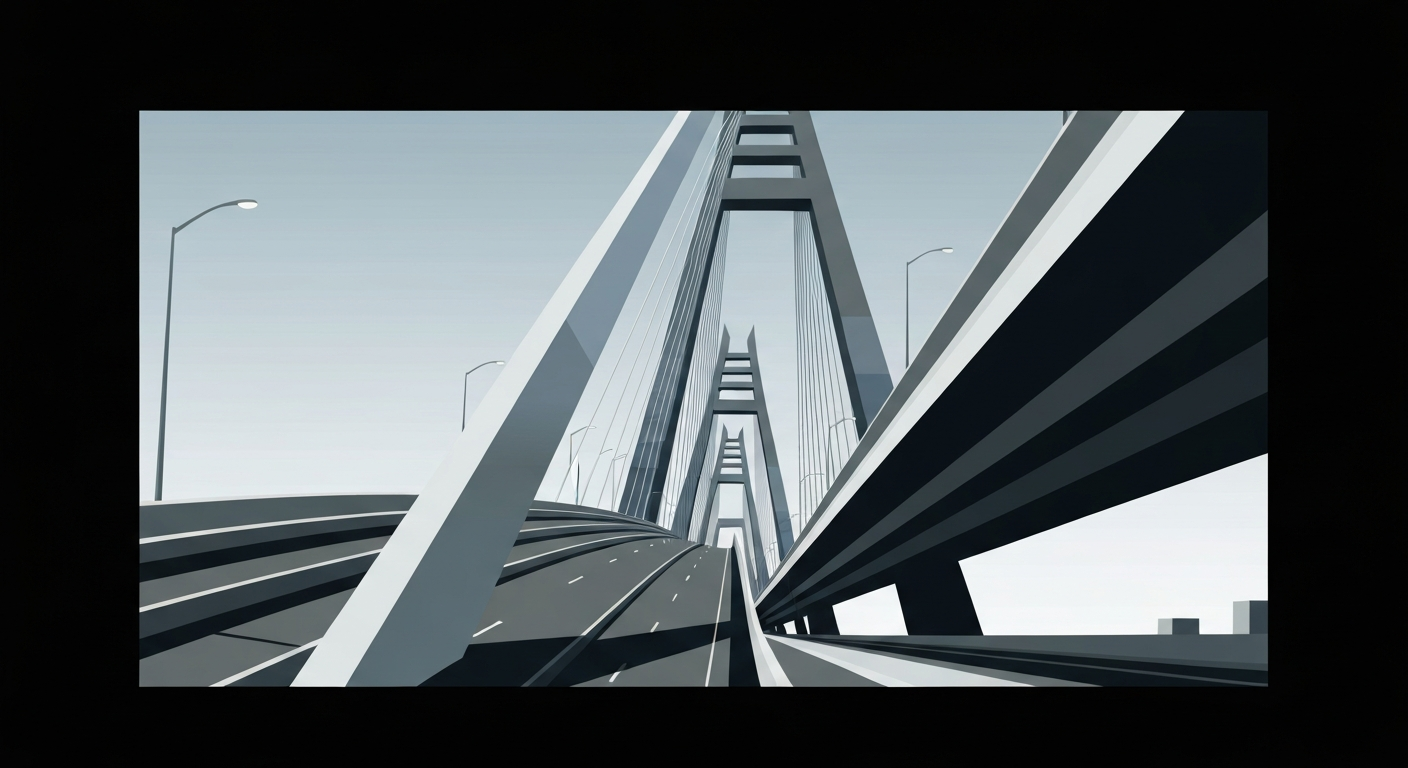 A bold, geometric illustration depicting the sweeping lines and towering scale of a major urban bridge or highway overpass, rendered in shades of gray, blue, and silver to capture the dynamism and grandeur of a transportation infrastructure project.