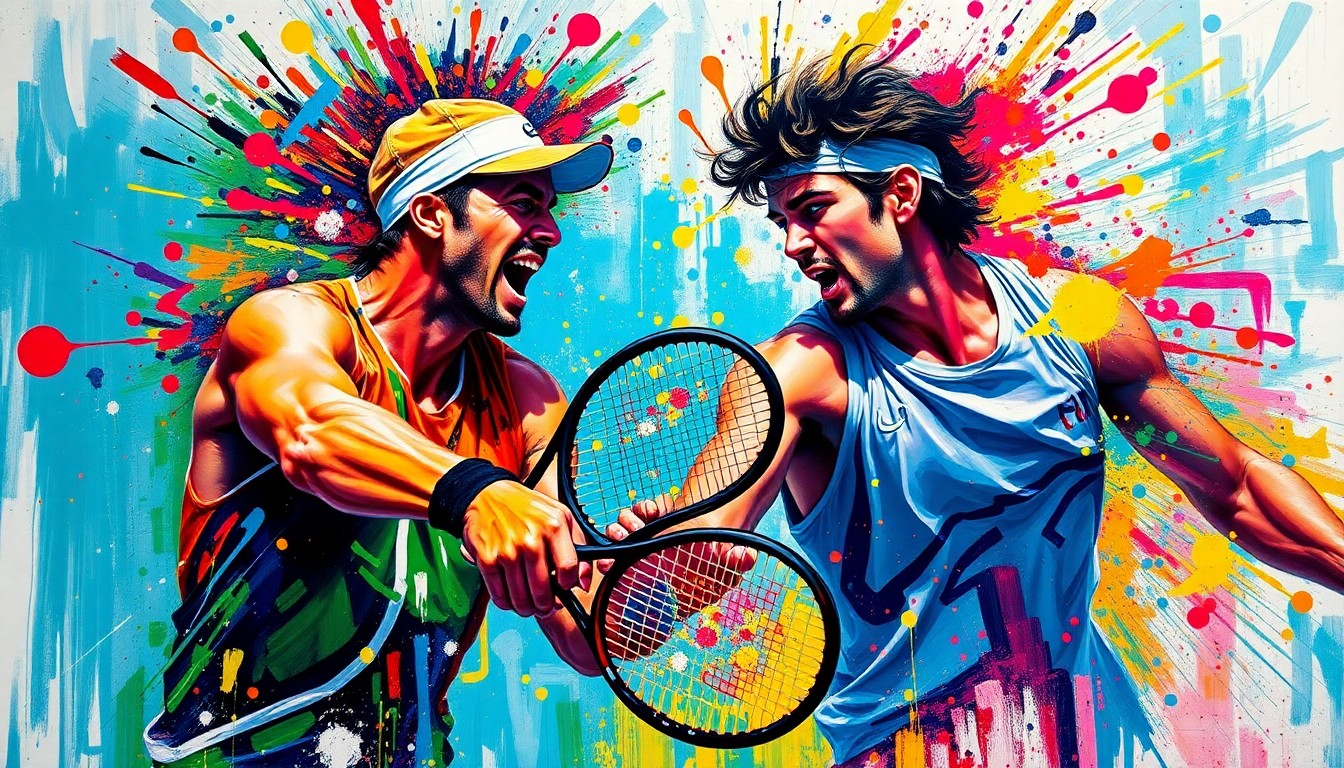 A vibrant, expressionist painting in neon colors capturing the raw energy and drama of a tennis match, with the players' figures dissolving into abstract brushstrokes.