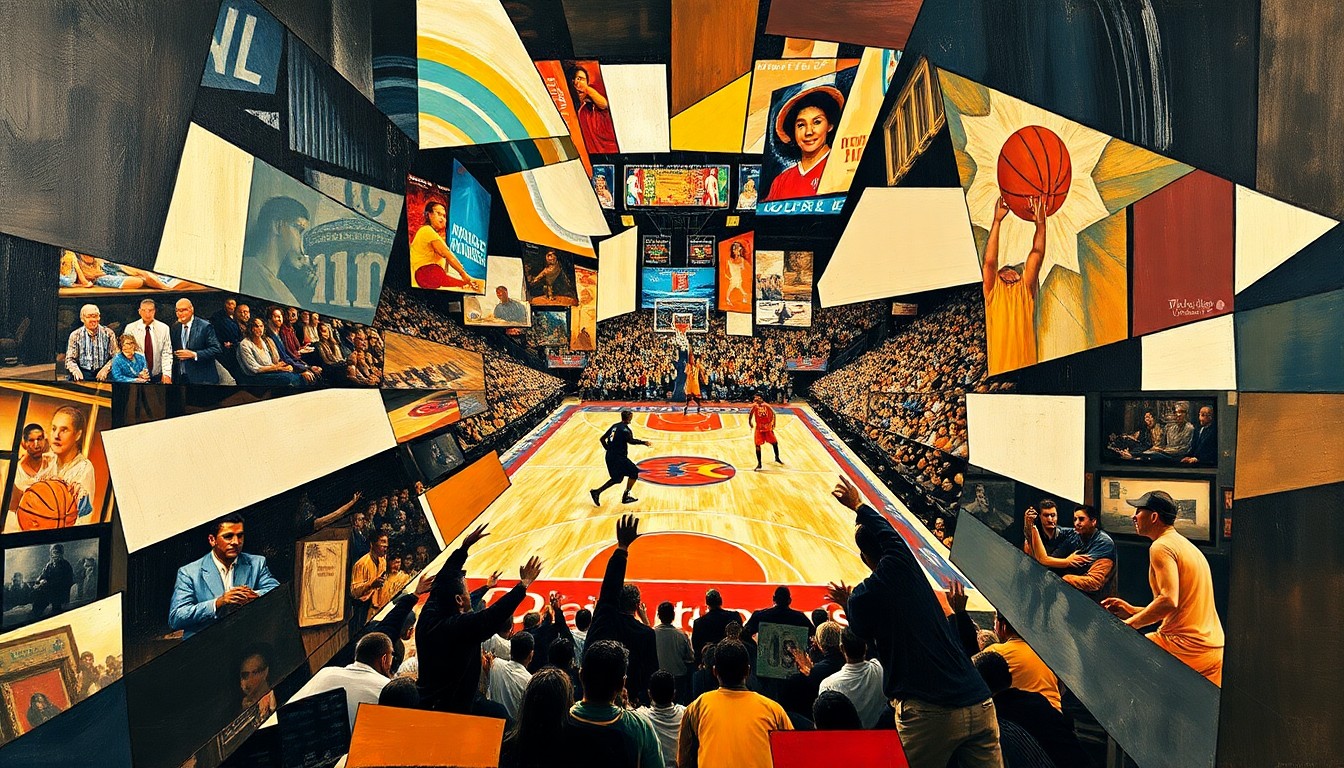 A cubist, geometric painting depicting a basketball game or match, with sharp, overlapping planes of color and form, conceptually representing the multifaceted nature of the sport and the players' achievements.