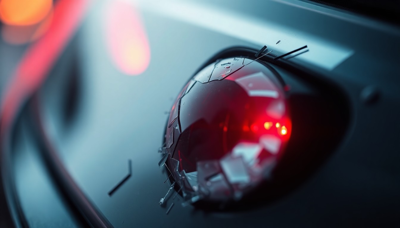 An extreme close-up of a shattered car sensor lens reflecting a faint red light, conceptually illustrating the vandalism of self-driving cars.