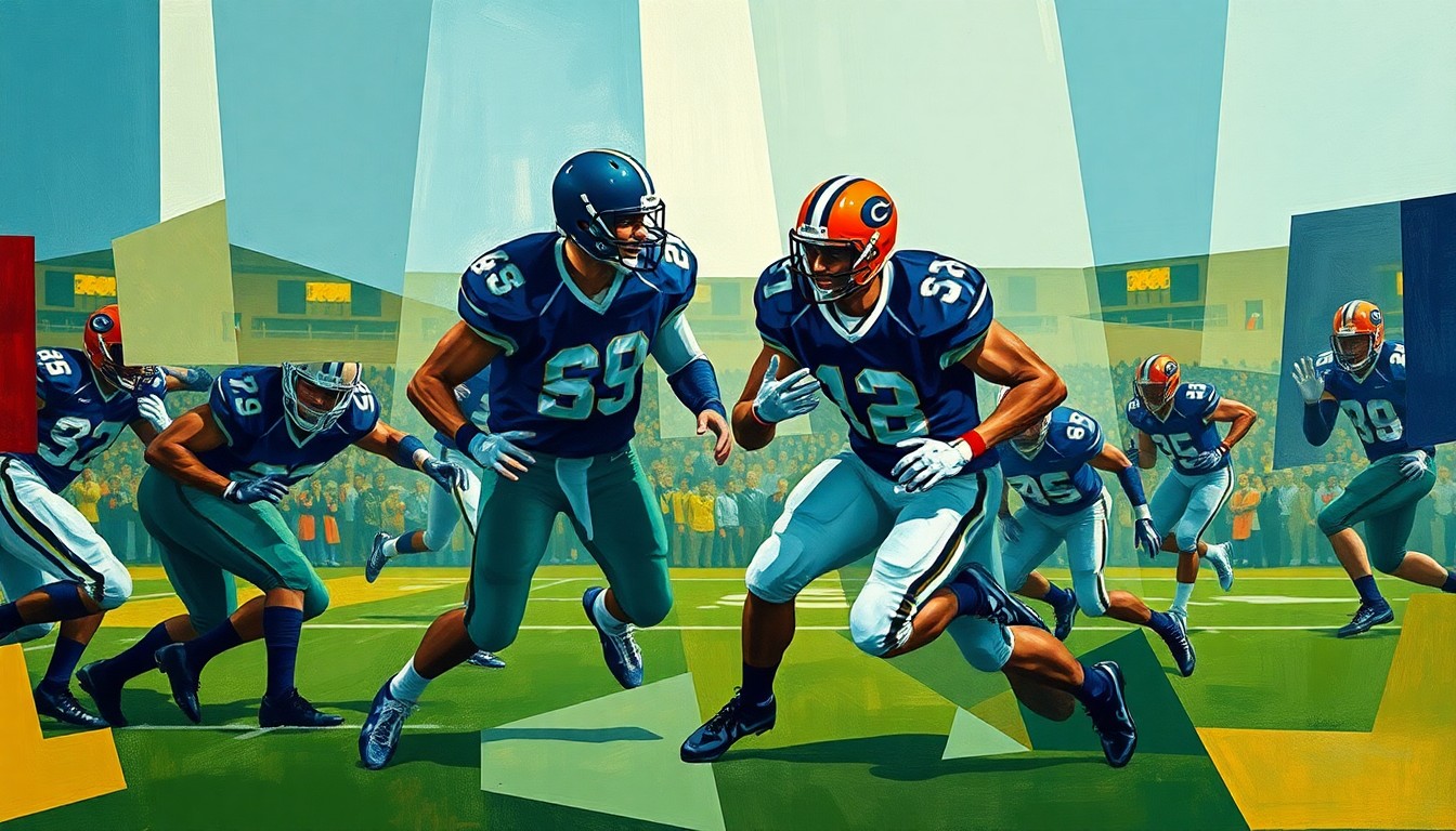 A cubist, geometric painting depicting the abstracted forms of college football players in motion, with sharp, overlapping planes of color representing the complexity and fragmentation of the legal battle over the athlete's eligibility.