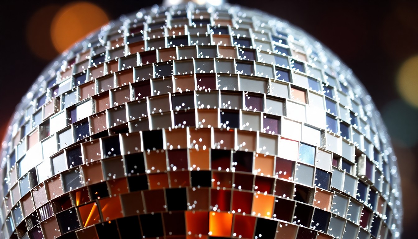 An extreme close-up photograph of a shiny, reflective disco ball, capturing the luxurious, high-contrast textures and glamorous aesthetic of 2010s pop culture.