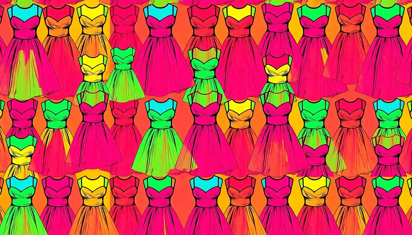 A brightly colored, high-contrast silkscreen print of a prom dress repeated in a tight grid pattern, utilizing flat, vibrant neon colors and heavy black outlines to transform the everyday fashion item into a modern pop art piece.