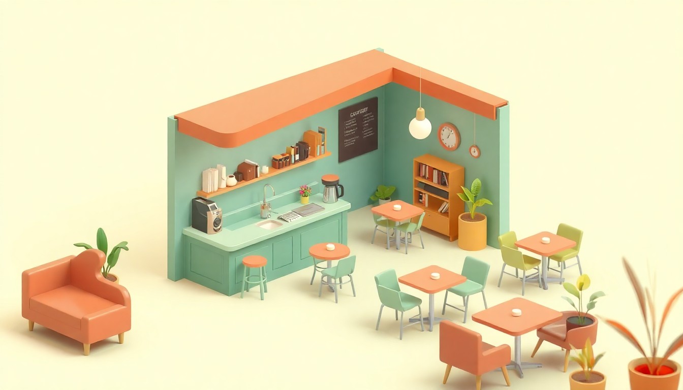 A colorful, minimalist 3D illustration of a stylized coffee shop interior, with clean geometric shapes, bold colors, and soft lighting, representing the arrival of the beloved Texas brand in Music City.