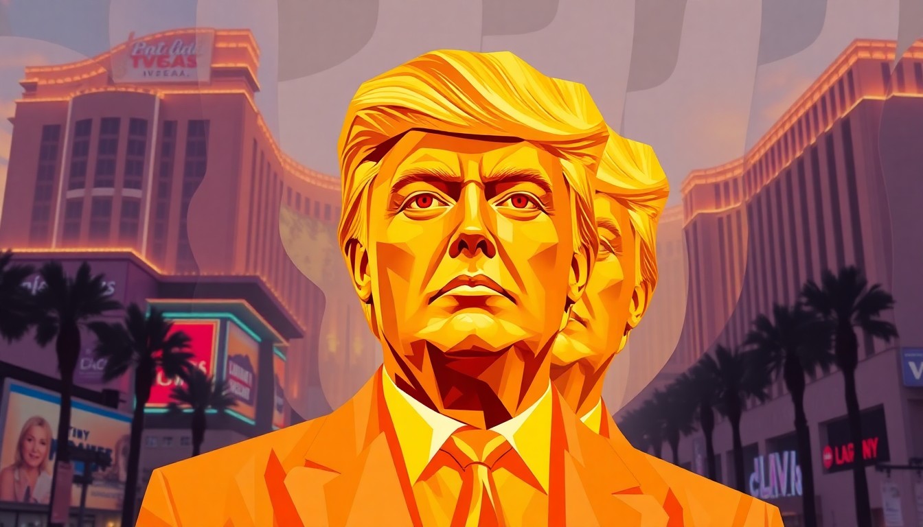 A dynamic, abstract painting featuring overlapping, geometric shapes in shades of gold, orange, and red, creating a sense of motion and fragmentation around a central golden statue-like figure, representing the divisive and self-centered nature of Trump's presidential legacy.