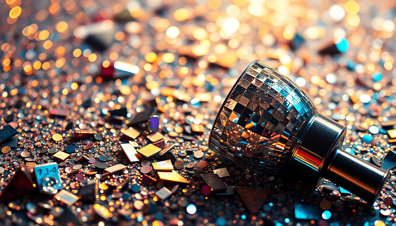 An extreme close-up photograph of sparkling sequins and shattered glass, capturing the glitz and energy of a music festival comeback.