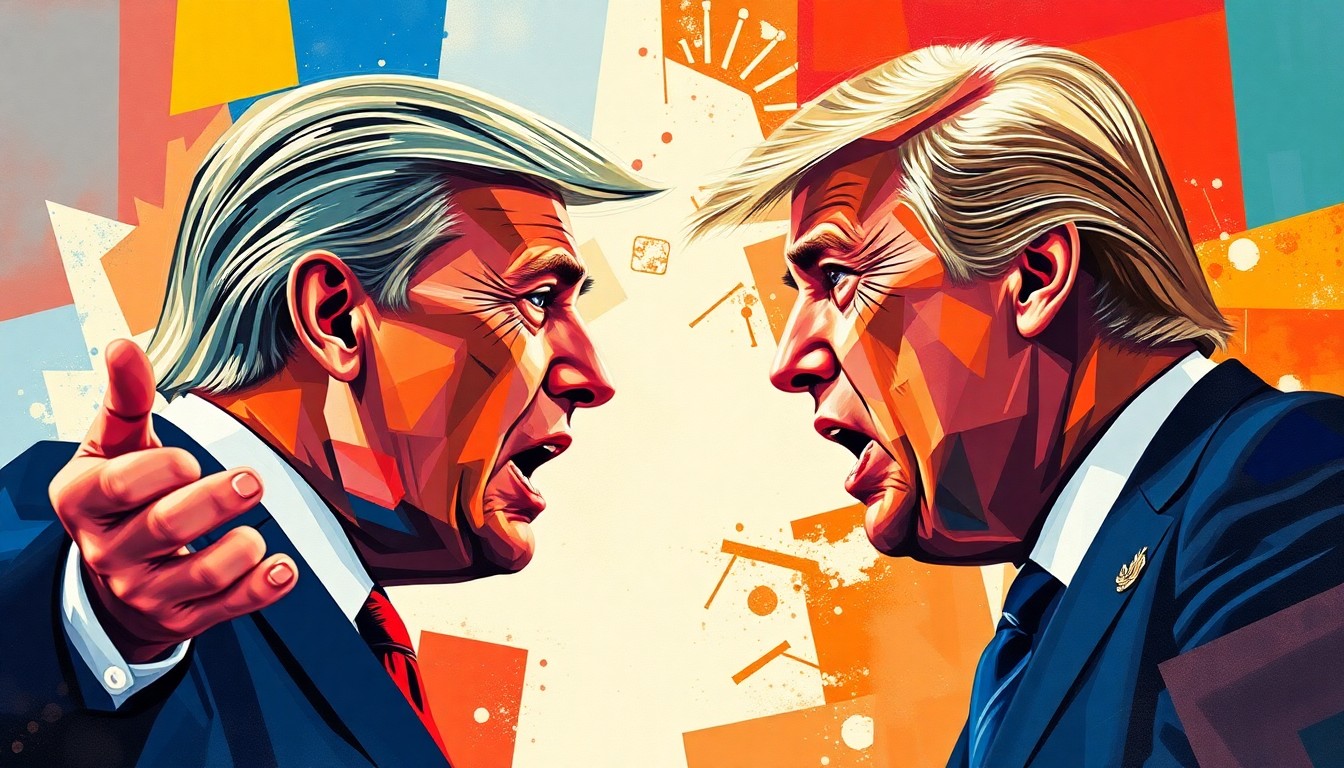 An abstract, fragmented painting of two figures in motion, their words and actions repeated in overlapping geometric shapes and bursts of vibrant color, conveying the heated, confrontational nature of political discourse.