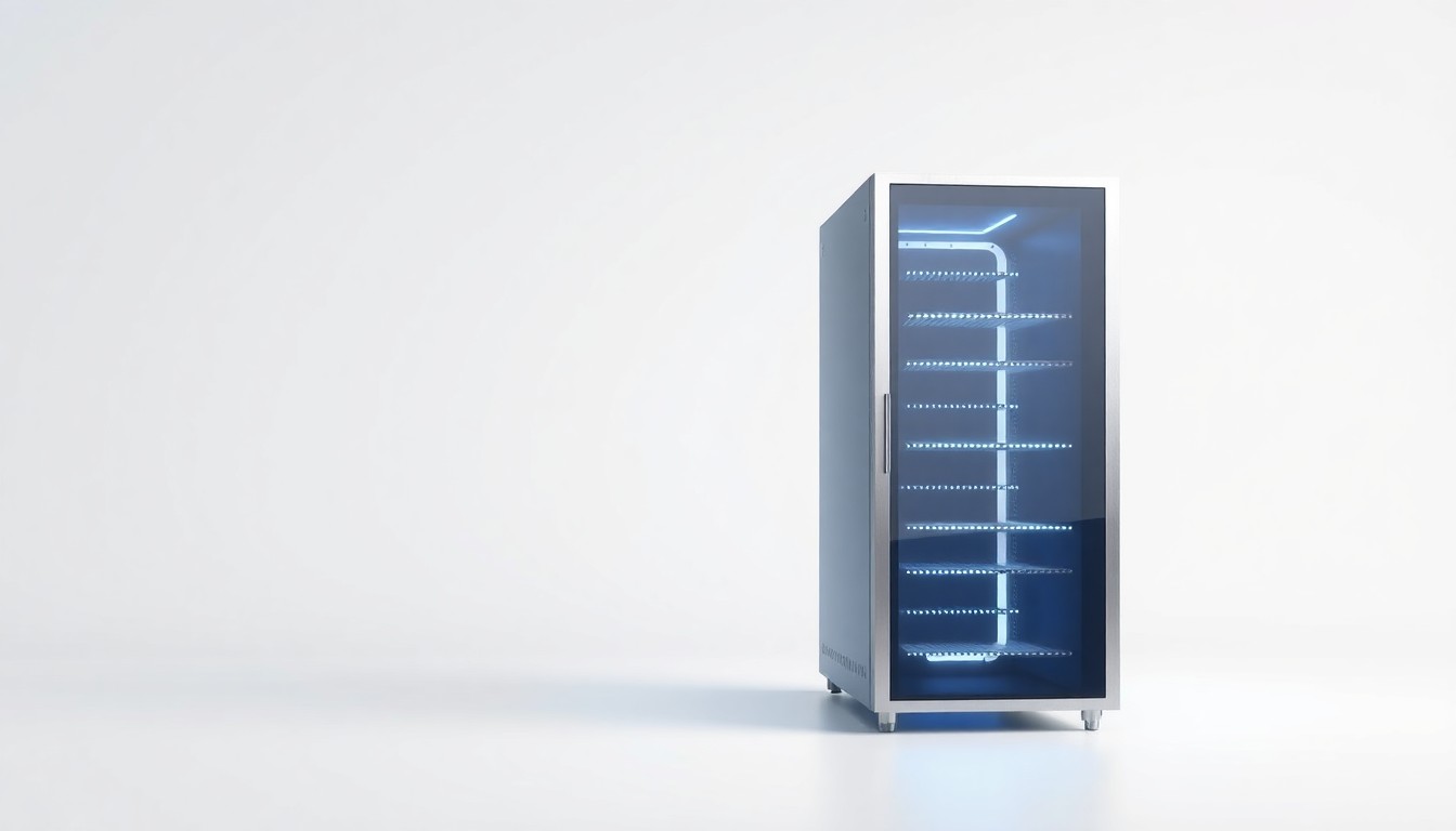 A minimalist, high-contrast studio photograph of a modern server rack made of brushed metal and tempered glass, floating against a clean white background and backlit with a soft blue glow, symbolizing the digital infrastructure powering data centers.