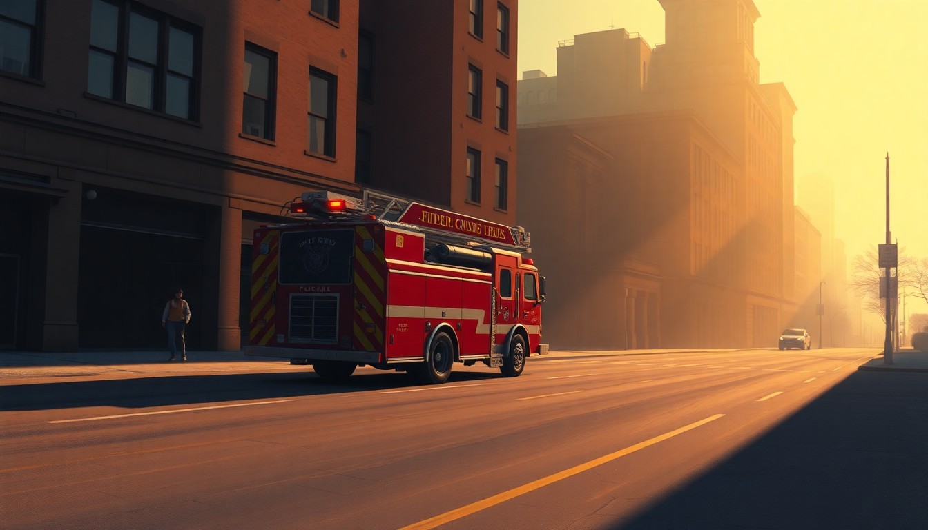 A photorealistic painting of a fire truck parked alone on a shadowy city street, with warm sunlight casting dramatic diagonal shadows across the scene, conveying a sense of quiet contemplation and the importance of emergency services.