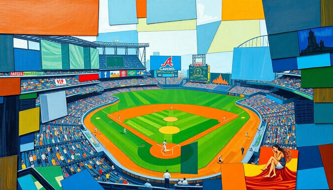 A fractured, multi-perspective painting in a cubist style, breaking down a baseball stadium and game action into sharp, overlapping geometric planes in vibrant shades of blue, green, and orange, conceptually representing the complex discussions around public funding for the Rays' new ballpark.