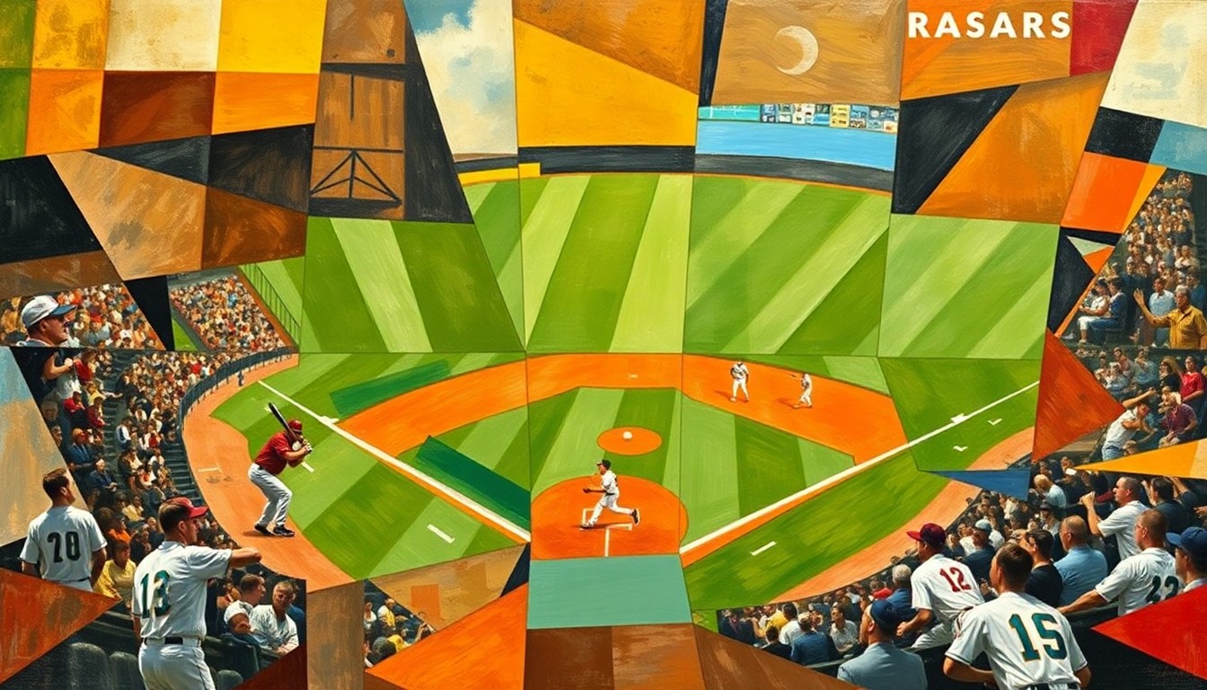 A fractured, cubist painting depicting the dynamic energy and movement of a baseball game, with players and the field abstracted into sharp, overlapping geometric shapes and planes.