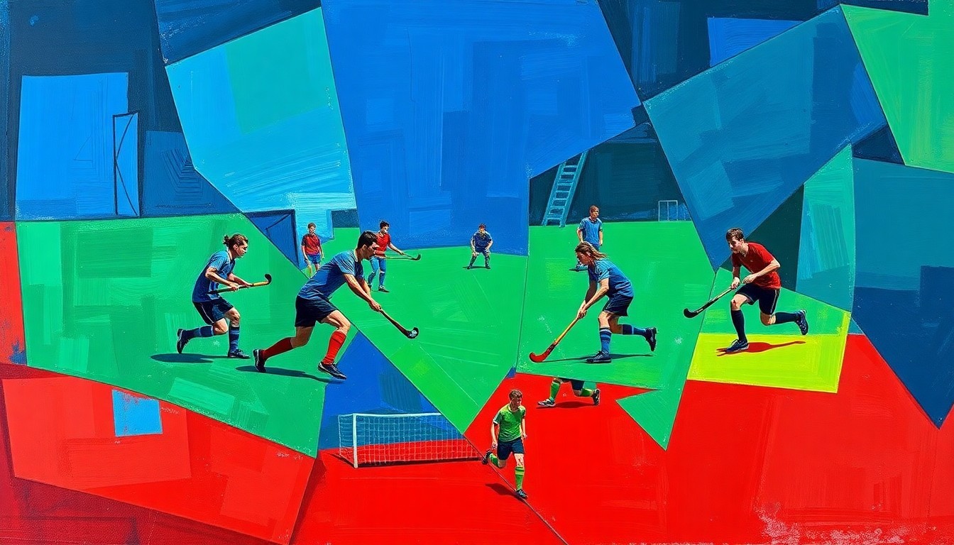 A cubist-style painting depicting a field hockey match or training session, with the players and field broken down into sharp, overlapping geometric shapes in a vibrant color palette, conveying the raw athleticism and competitive spirit of the young athletes.