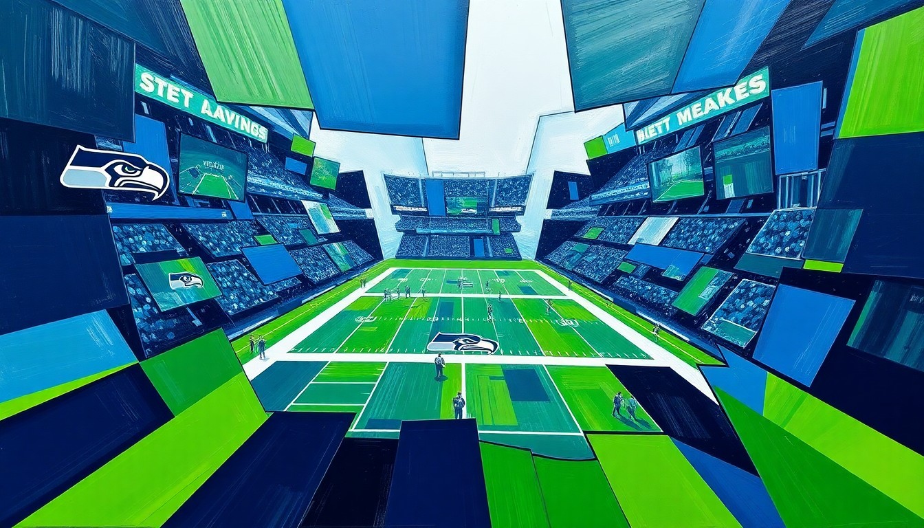 A cubist-style painting depicting a fragmented, geometric representation of a Seattle Seahawks football game, with sharp planes of navy blue, lime green, and silver colors conveying the dynamic energy and uncertainty surrounding the team's potential ownership change.