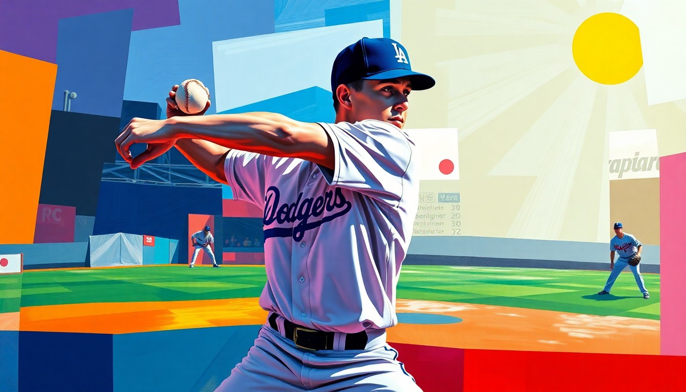A cubist, geometric painting depicting a baseball pitcher's windup and delivery, with sharp, overlapping planes of vibrant blue, white, and red colors representing the Dodgers and Japanese national team uniforms.